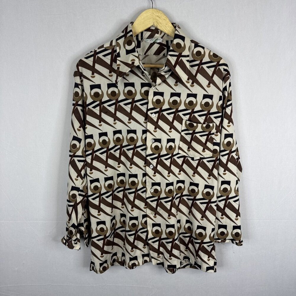 Vintage‎ Woodwards Sure-Press Geometric Shirt Brown Cream Womens M 70s Disco